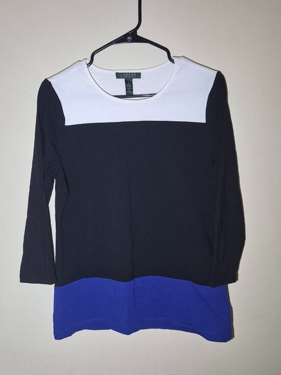 Ralph Lauren Tops - Ralph Lauren Women's Colorblock Stretch Cotton Top Black White Blue Blouse
